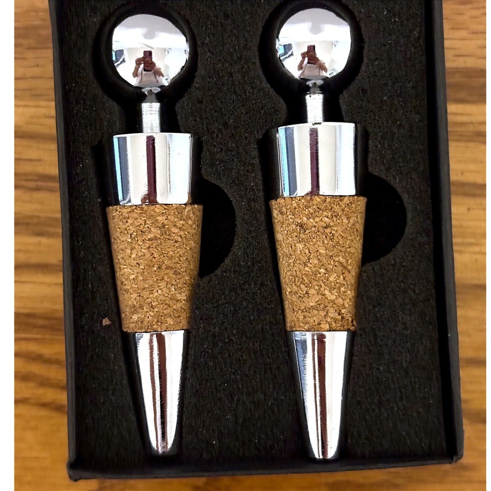 LEEDS Set of 2 Chrome Spherical Ball Wine Bottle Stoppers with Cork in Gift Box